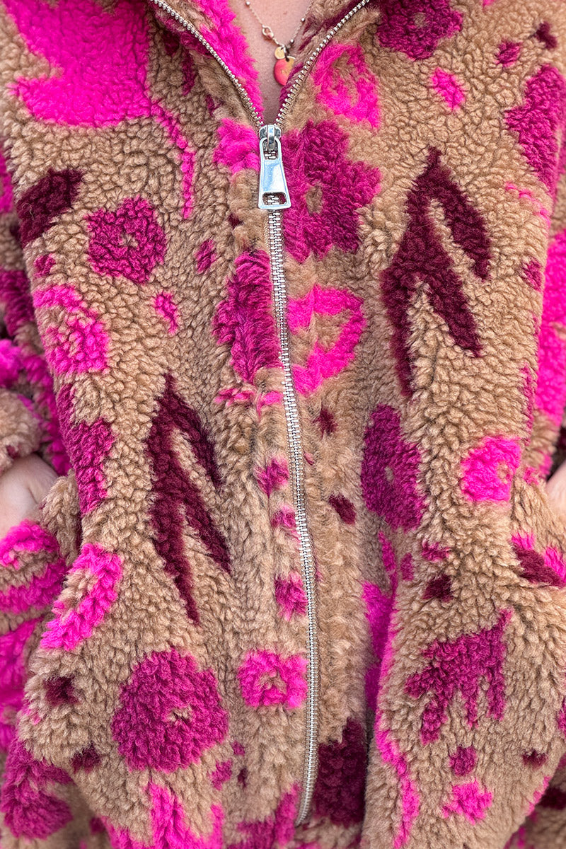 Camel and Burgundy Floral Fleece Jacket