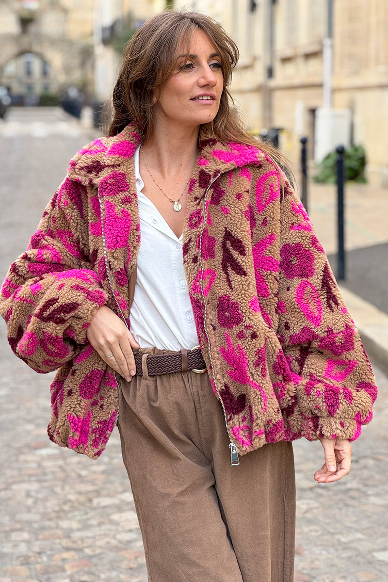 Camel and Burgundy Floral Fleece Jacket