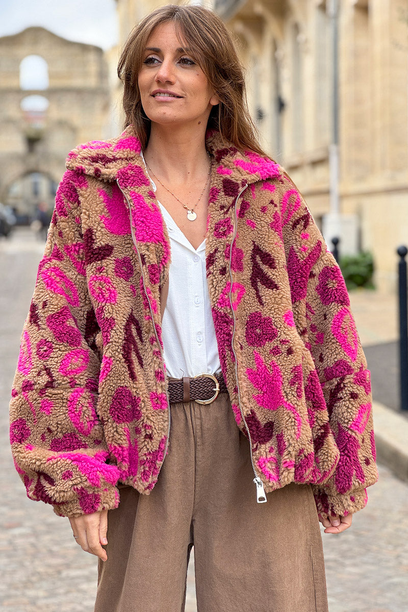 Camel and Burgundy Floral Fleece Jacket