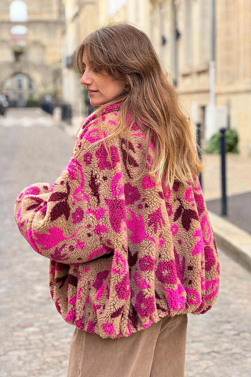 Camel and Burgundy Floral Fleece Jacket