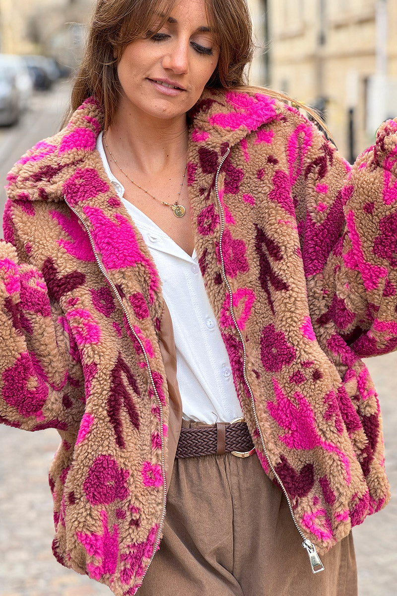 Camel and Burgundy Floral Fleece Jacket