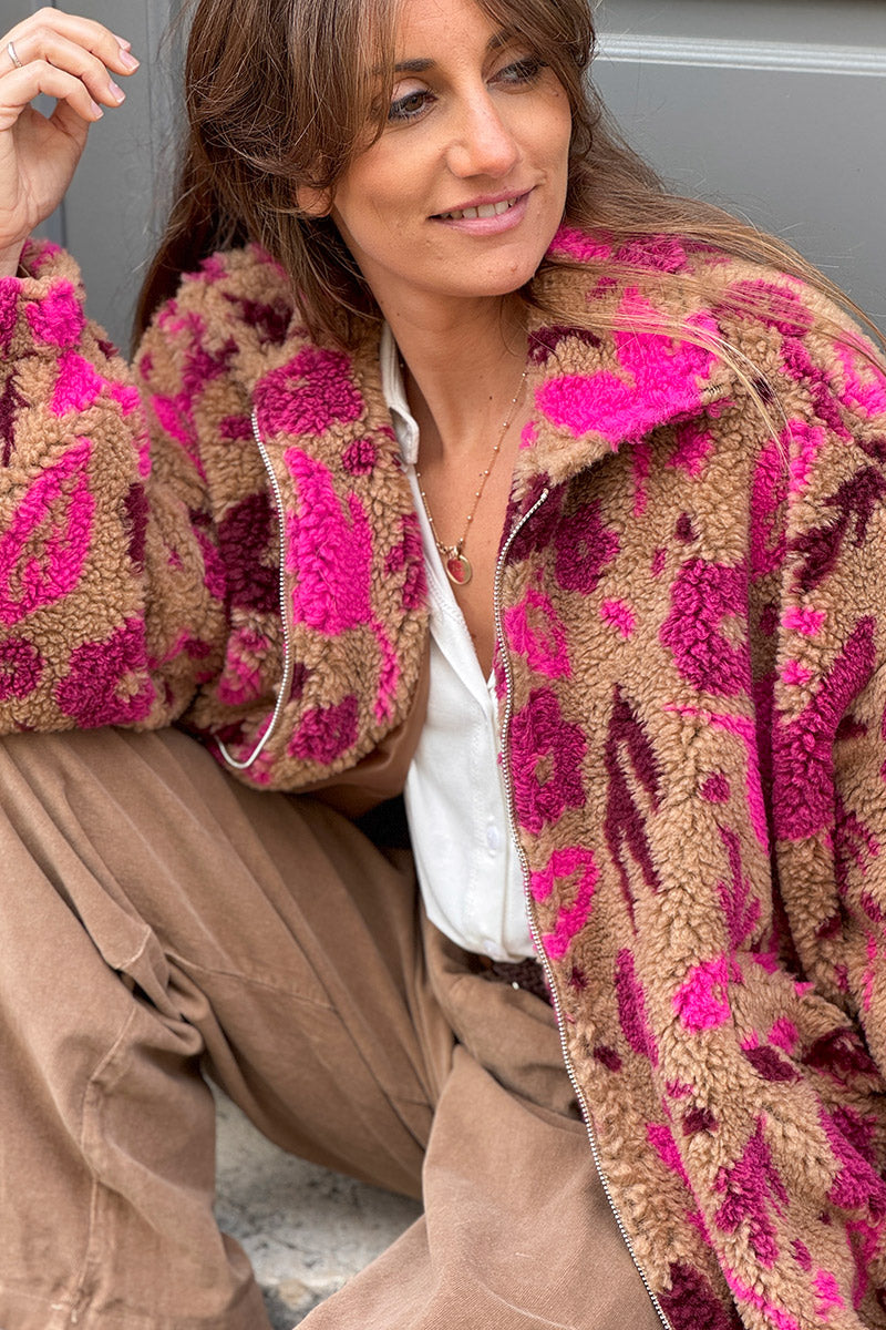 Camel and Burgundy Floral Fleece Jacket