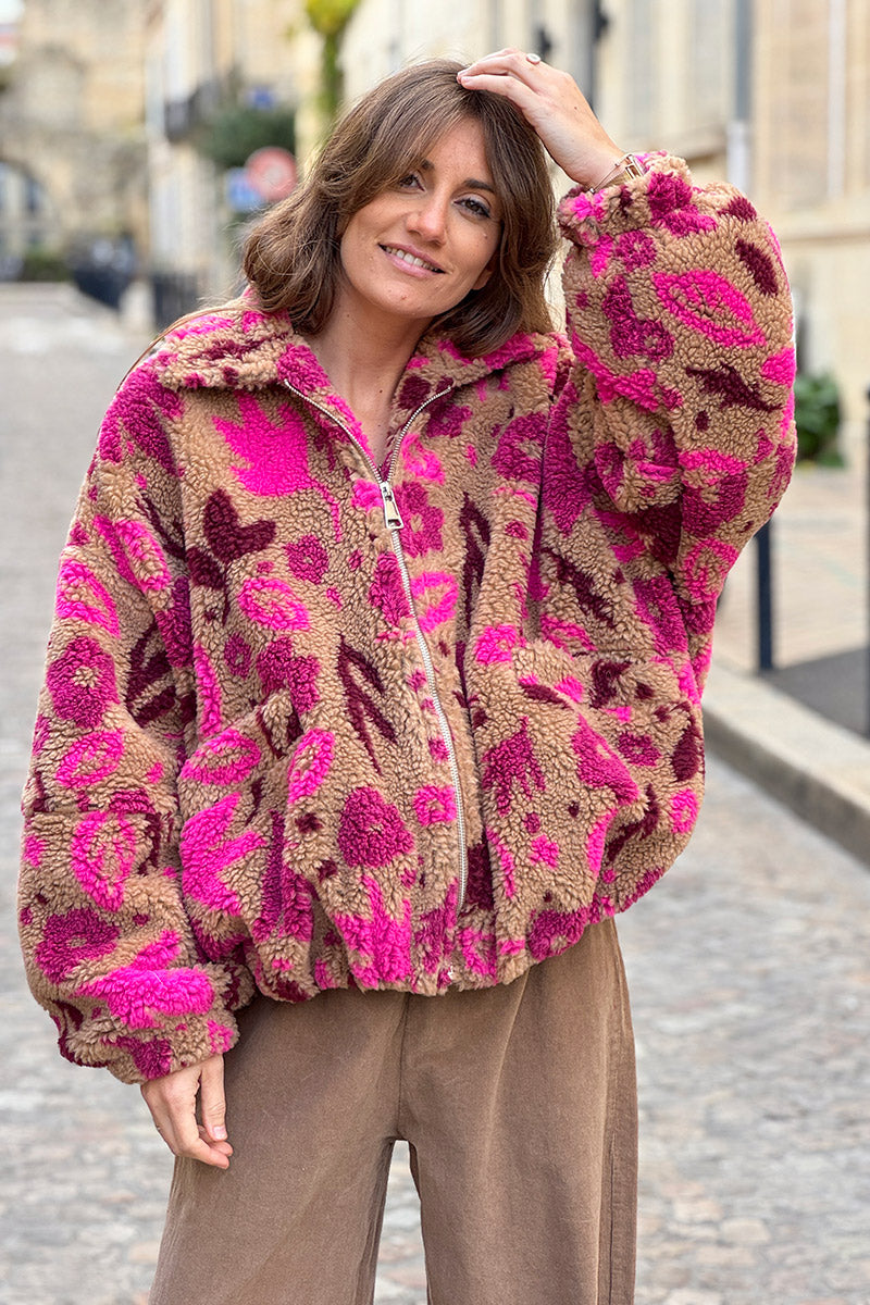 Camel and Burgundy Floral Fleece Jacket