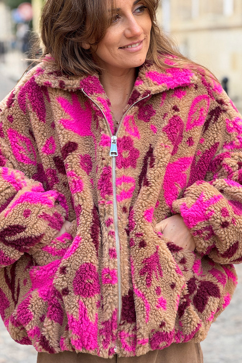 Camel and Burgundy Floral Fleece Jacket
