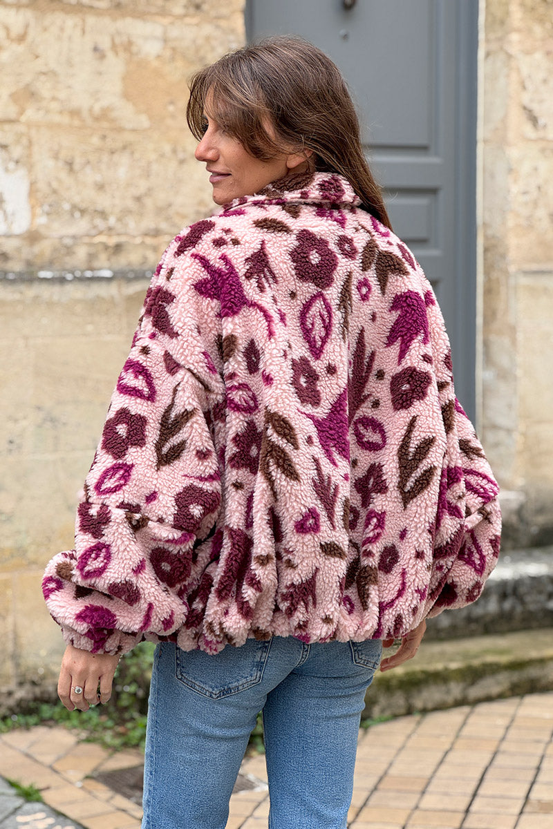 Burgundy and Light Pink Floral Fleece Jacket