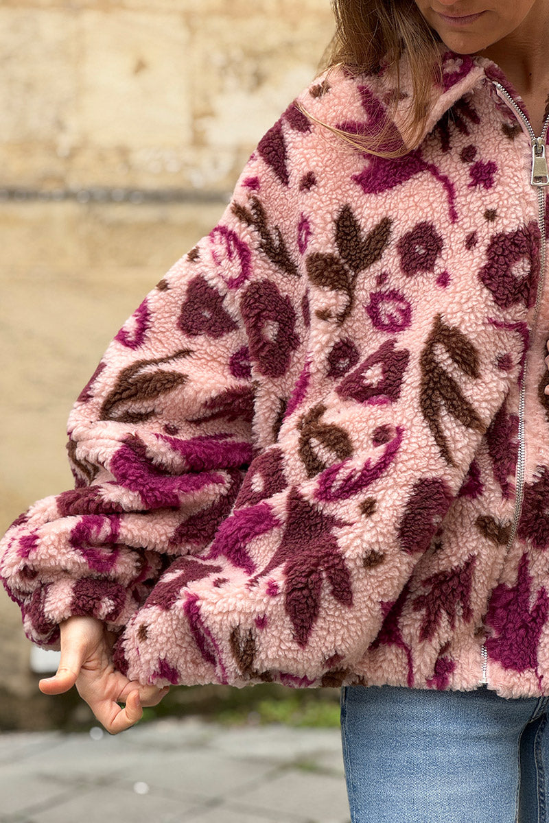 Burgundy and Light Pink Floral Fleece Jacket