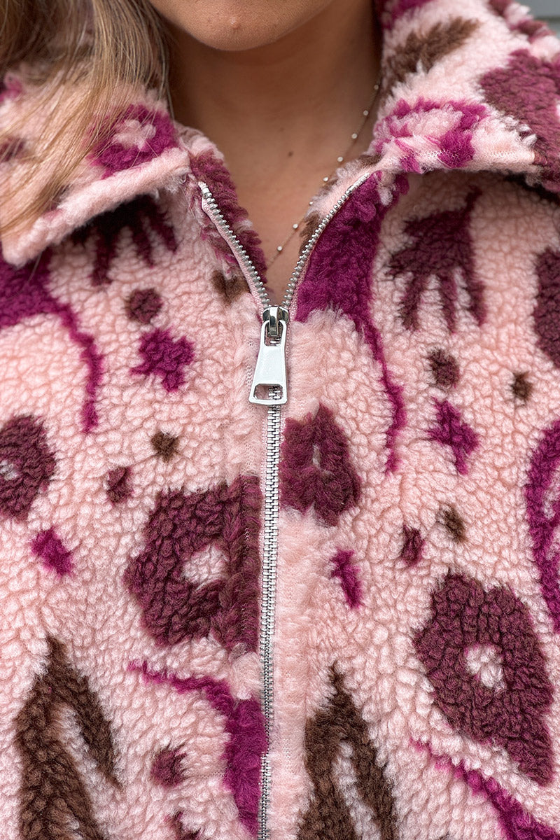 Burgundy and Light Pink Floral Fleece Jacket