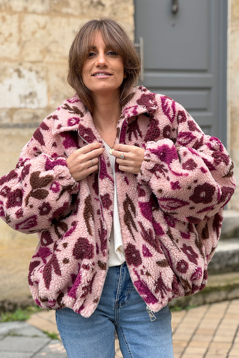 Burgundy and Light Pink Floral Fleece Jacket