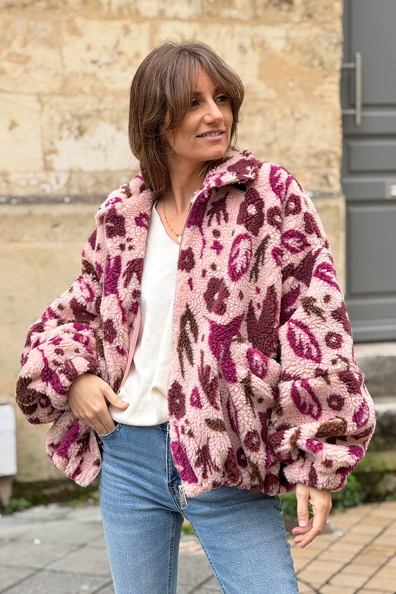 Burgundy and Light Pink Floral Fleece Jacket