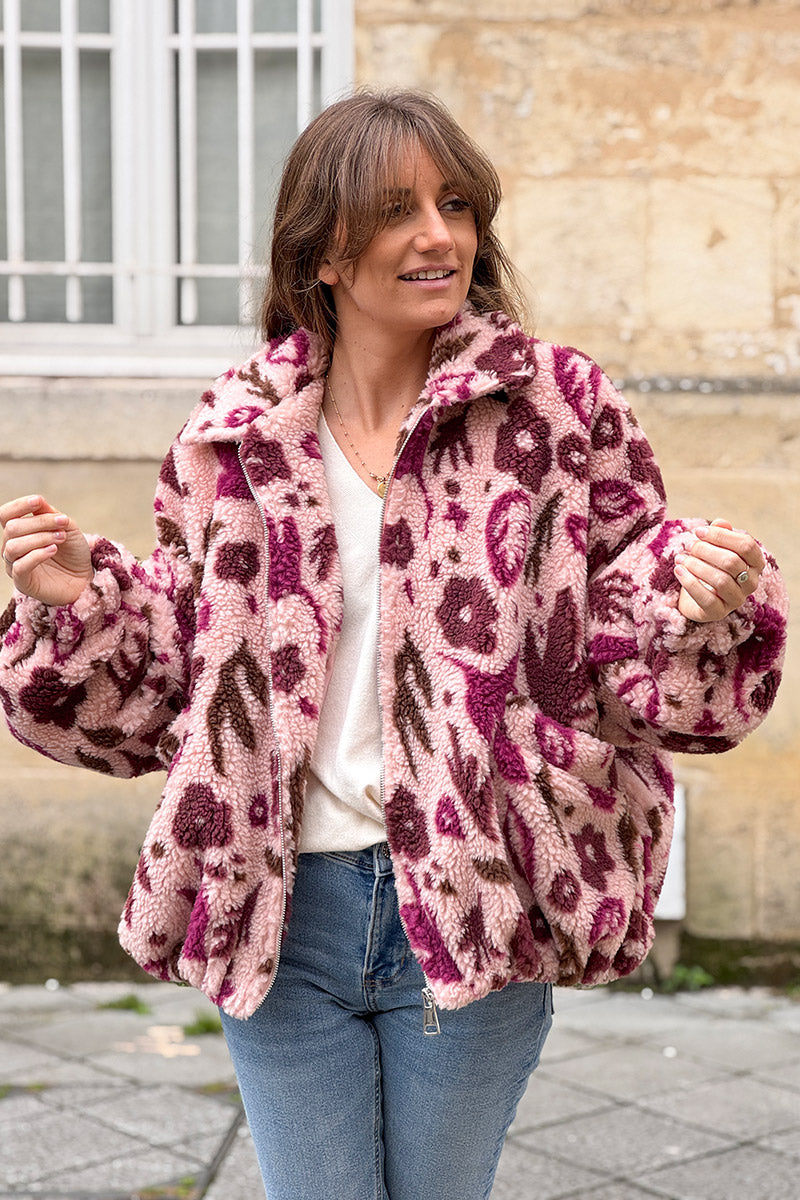 Burgundy and Light Pink Floral Fleece Jacket