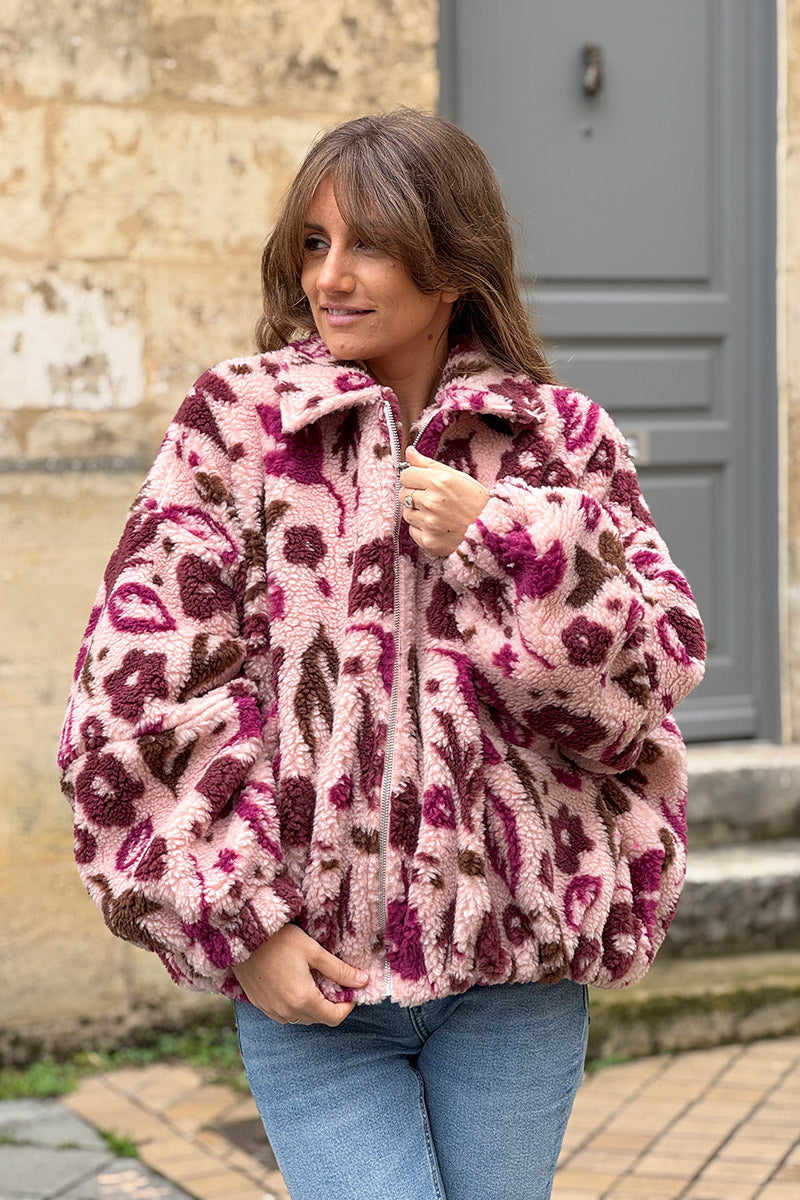 Burgundy and Light Pink Floral Fleece Jacket