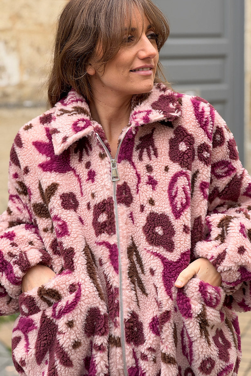 Burgundy and Light Pink Floral Fleece Jacket