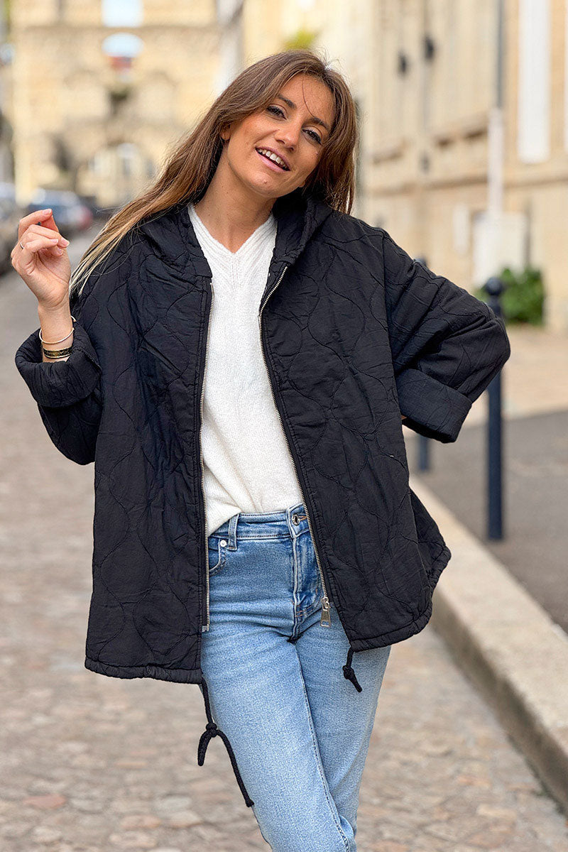Black Quilted Cotton Zip-Up Hoodie
