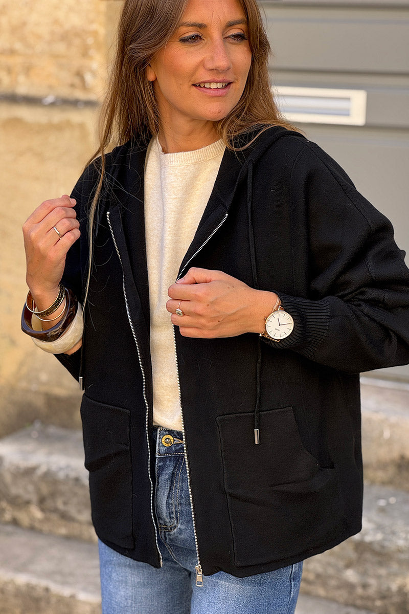 Black Casual Sweater Zip-Up Hoodie