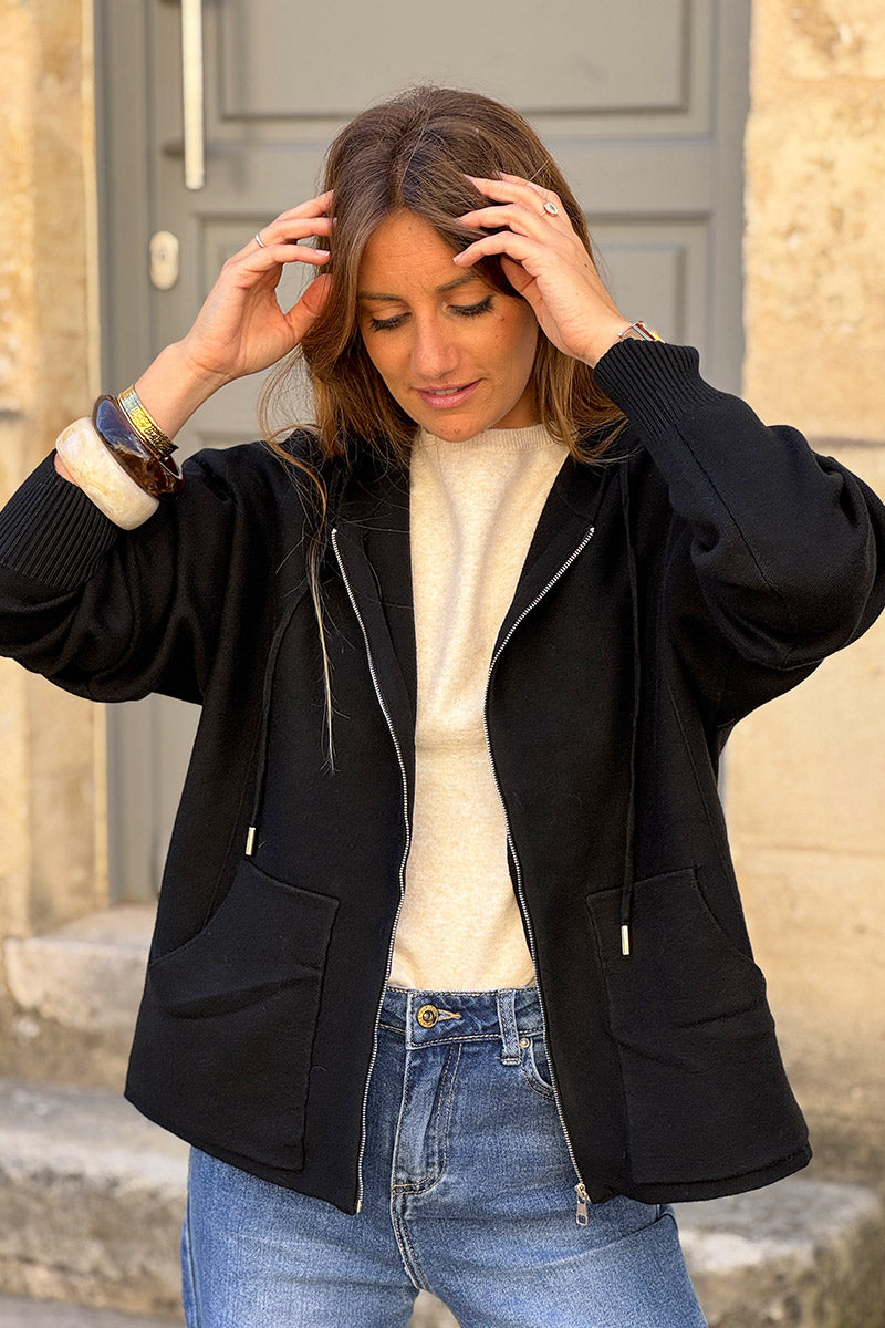Black Casual Sweater Zip-Up Hoodie
