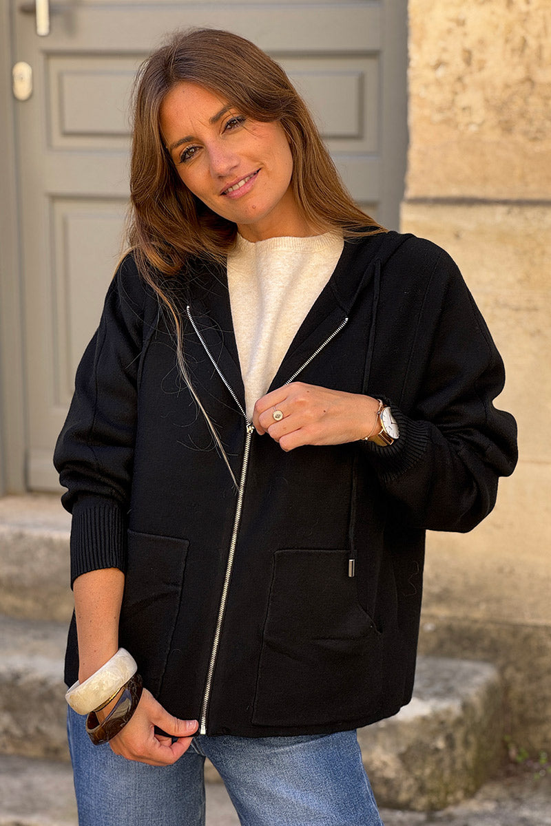 Black Casual Sweater Zip-Up Hoodie
