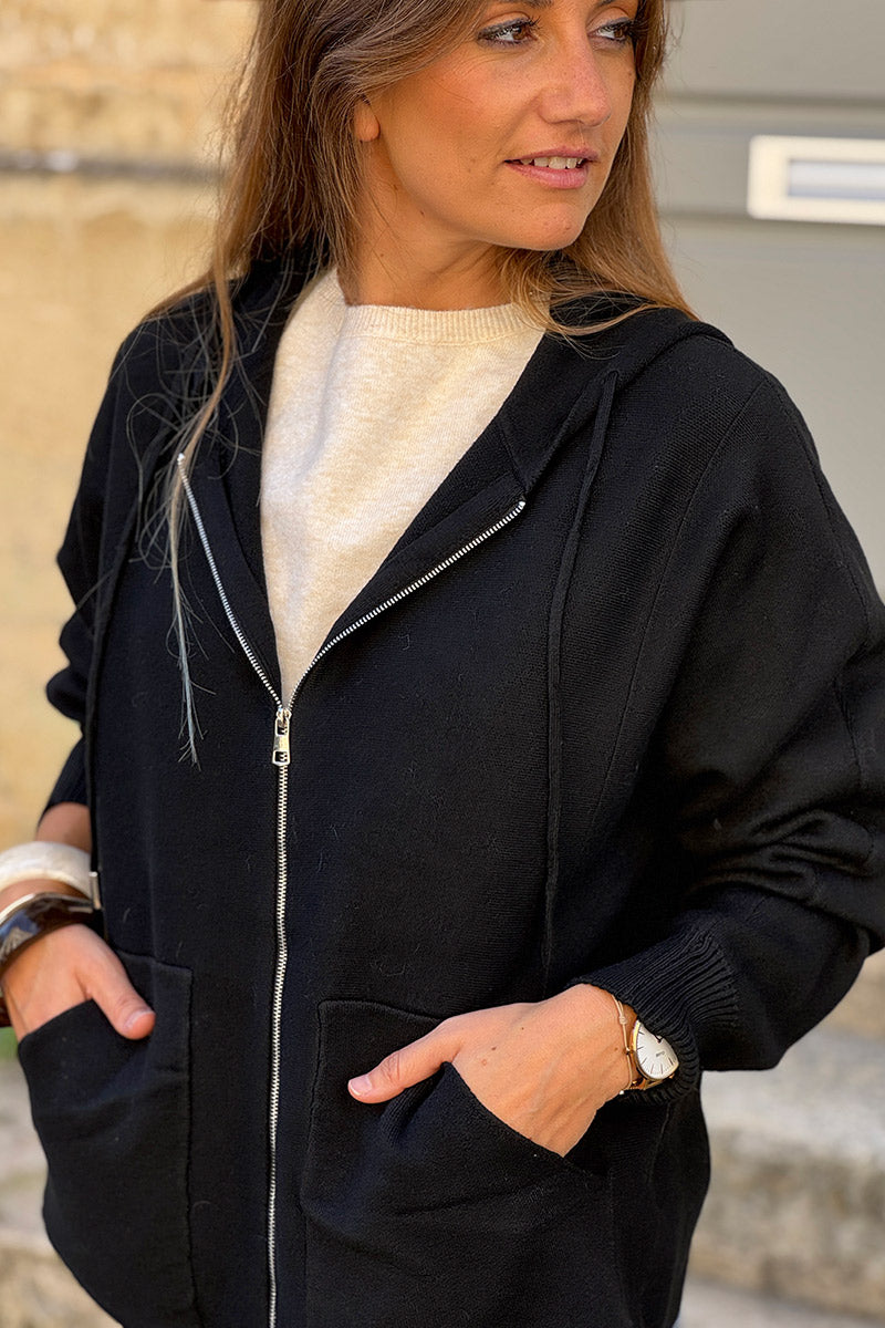 Black Casual Sweater Zip-Up Hoodie