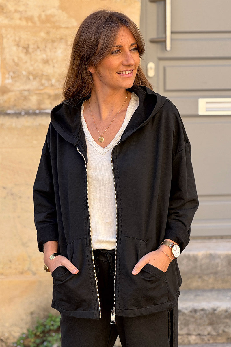 Black Satin Stripe Stretch Knit Zip Hoodie