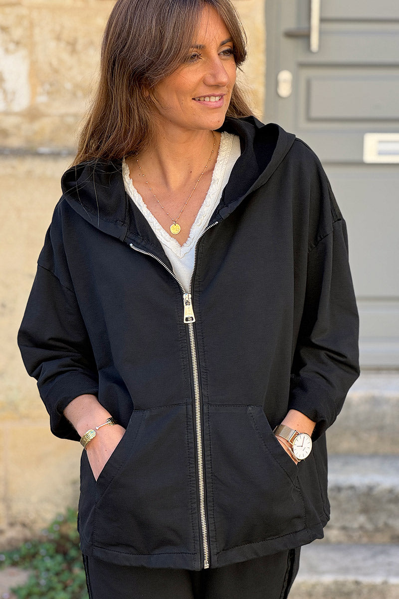 Black Satin Stripe Stretch Knit Zip Hoodie