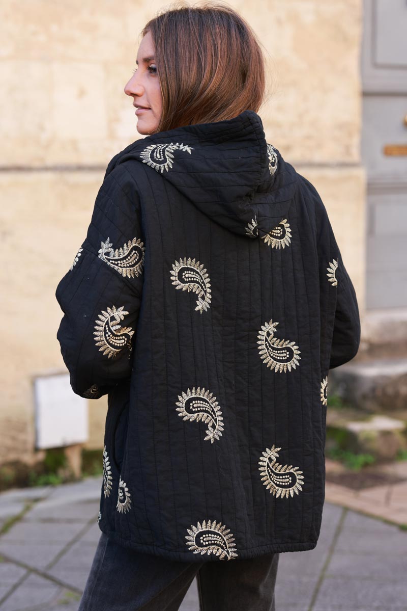 Black Quilted Hoodie with Embroidered Paisley Motif