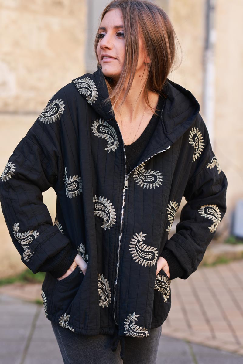 Black Quilted Hoodie with Embroidered Paisley Motif