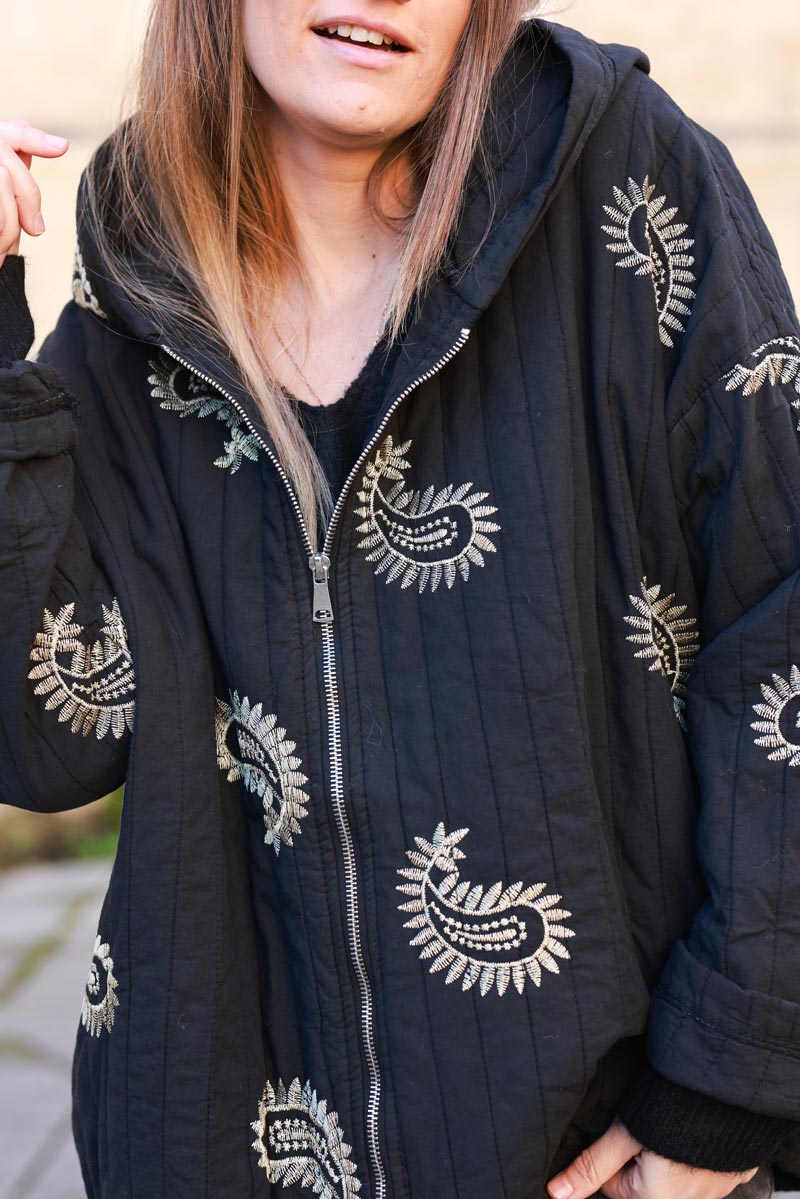 Black Quilted Hoodie with Embroidered Paisley Motif