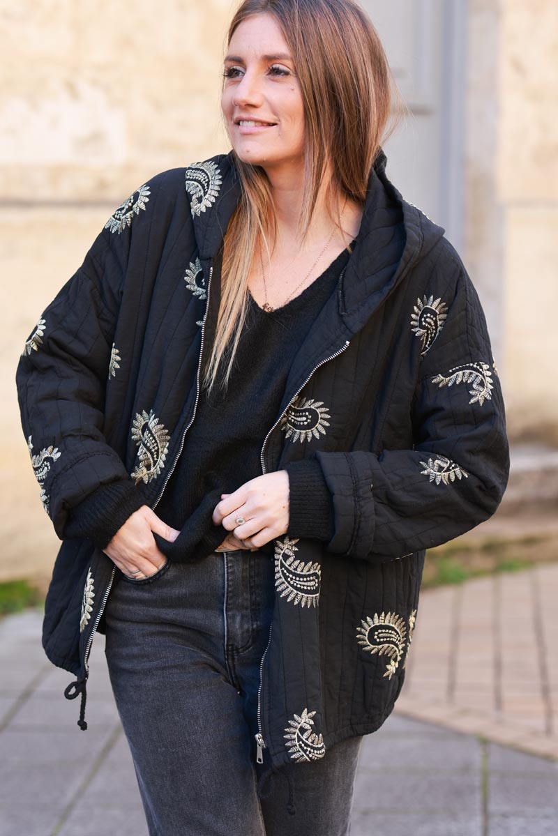 Black Quilted Hoodie with Embroidered Paisley Motif