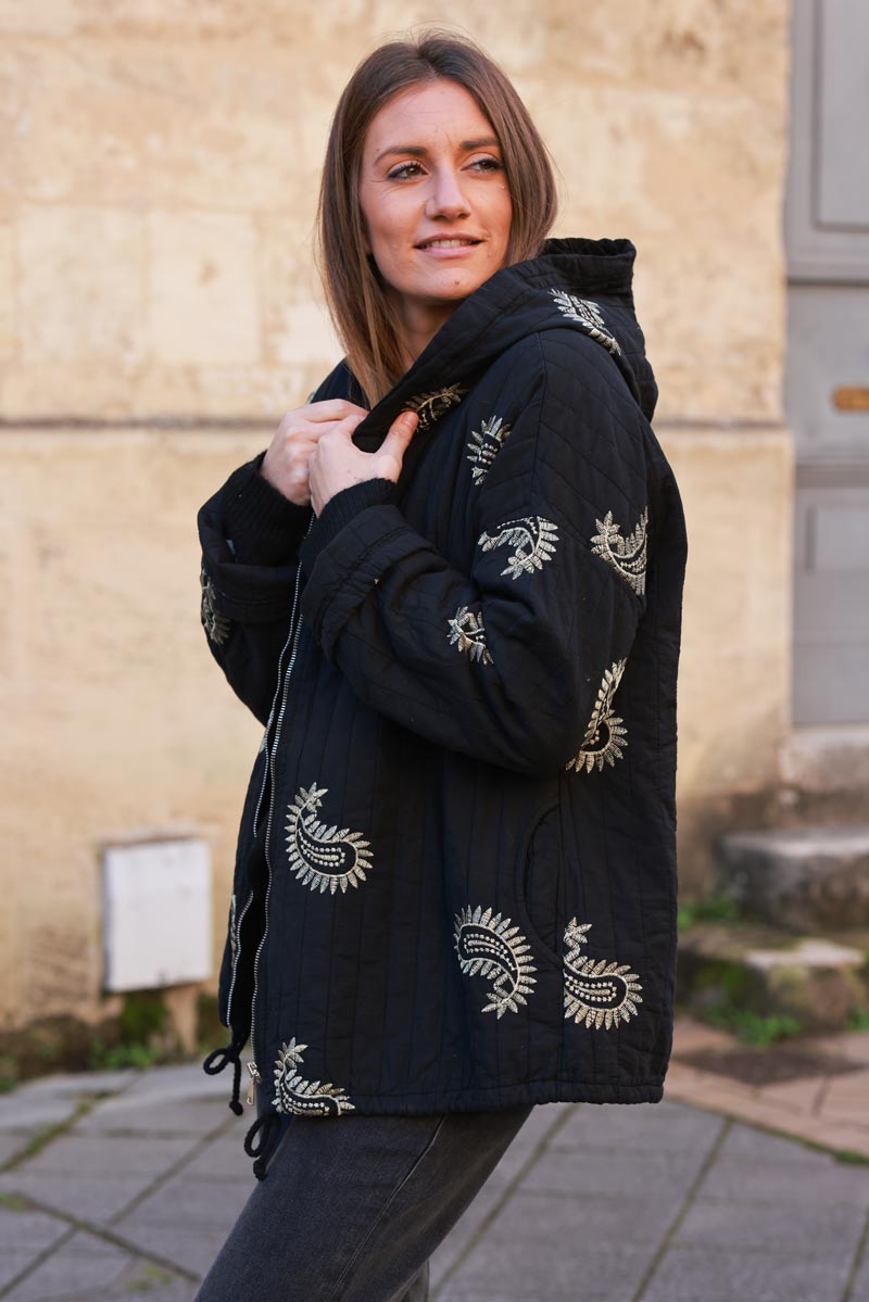 Black Quilted Hoodie with Embroidered Paisley Motif