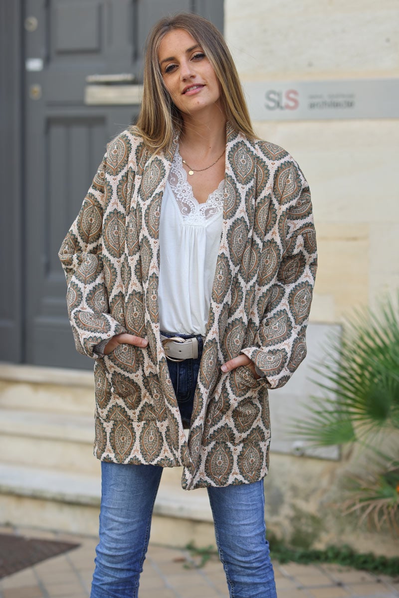 Oversized quilted jacket with khaki paisley print
