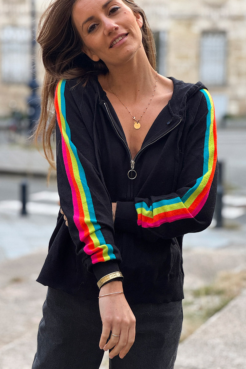 Black Rainbow Stripe Zippered Hoodie