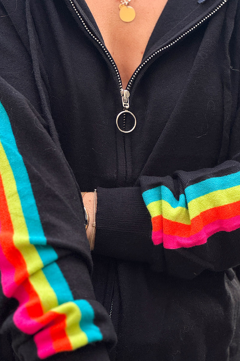 Black Rainbow Stripe Zippered Hoodie