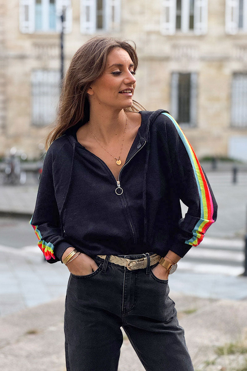 Black Rainbow Stripe Zippered Hoodie
