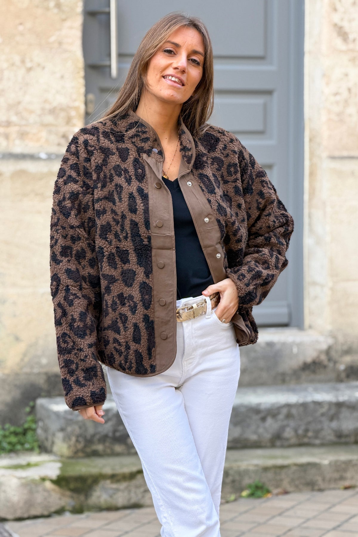 Brown Leopard Sherpa Coat