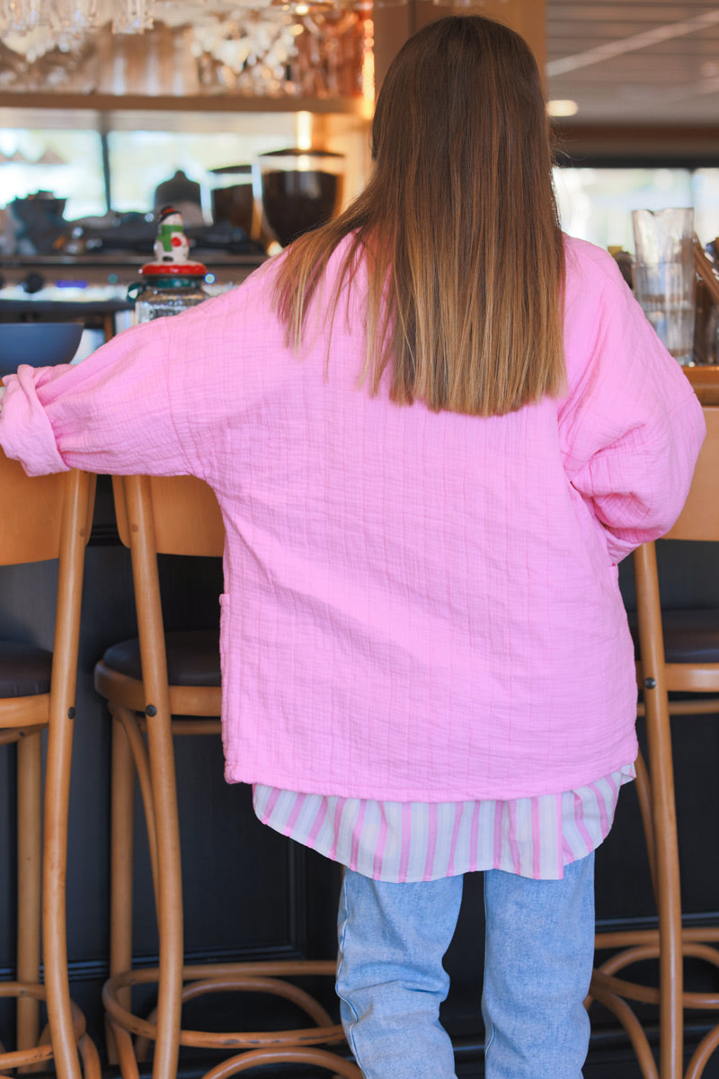 Pink Relaxed Fit Crinkle Cotton Gauze Jacket