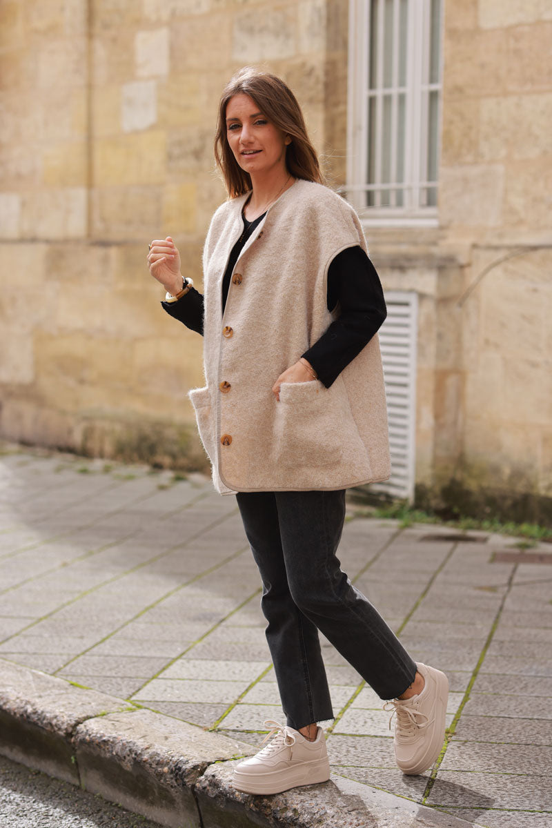 Beige Felted Button-Down Utility Vest