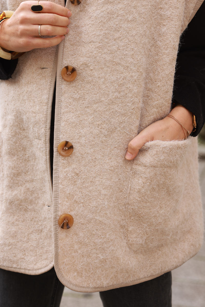 Beige Felted Button-Down Utility Vest