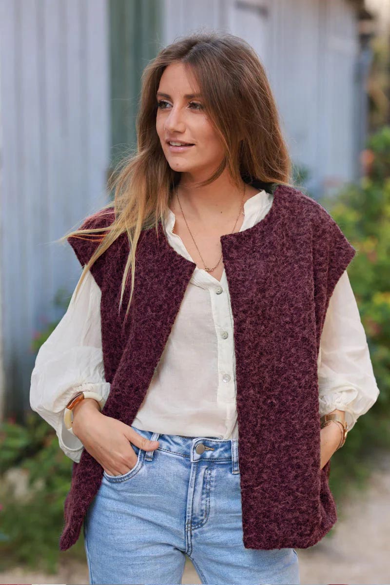 Veste sans manches aubergine en feutrine façon laine bouillie avec poches