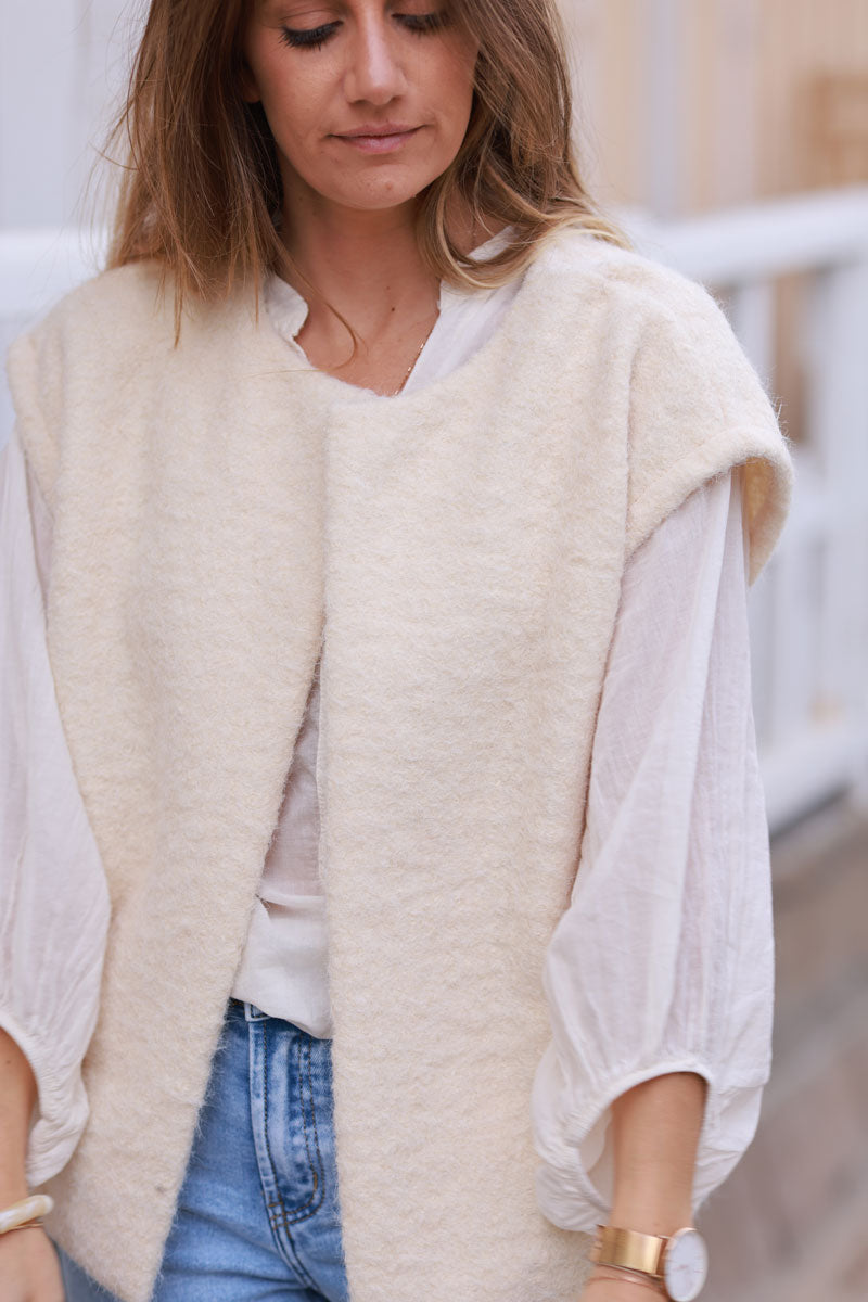 Veste sans manches beige en feutrine façon laine bouillie avec poches