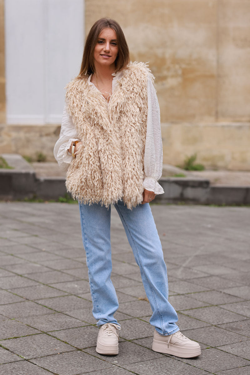 Beige Shaggy Faux Fur Vest