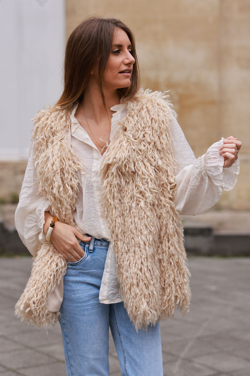 Beige Shaggy Faux Fur Vest