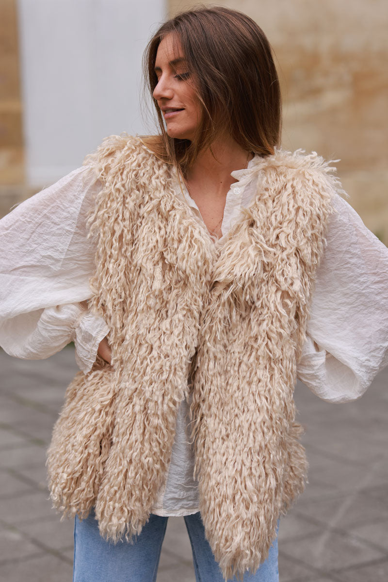 Beige Shaggy Faux Fur Vest