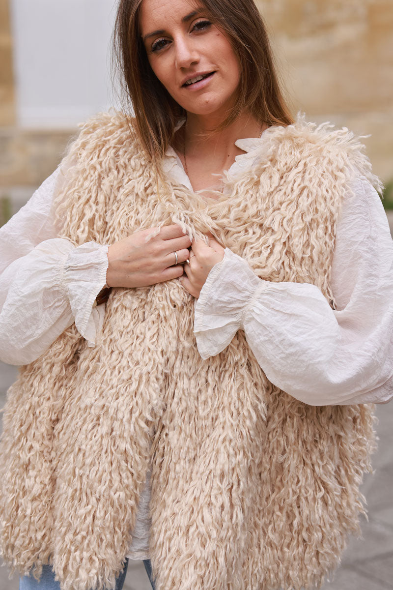 Beige Shaggy Faux Fur Vest