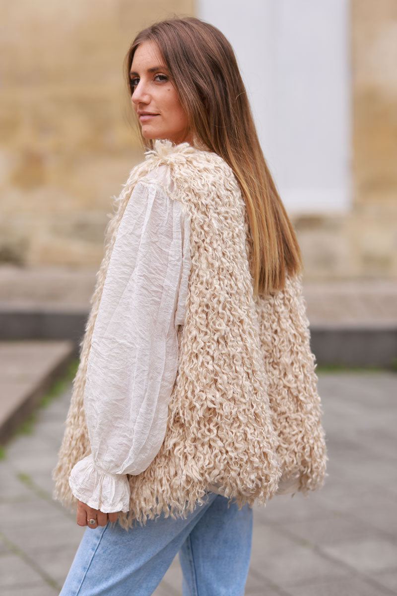 Beige Shaggy Faux Fur Vest