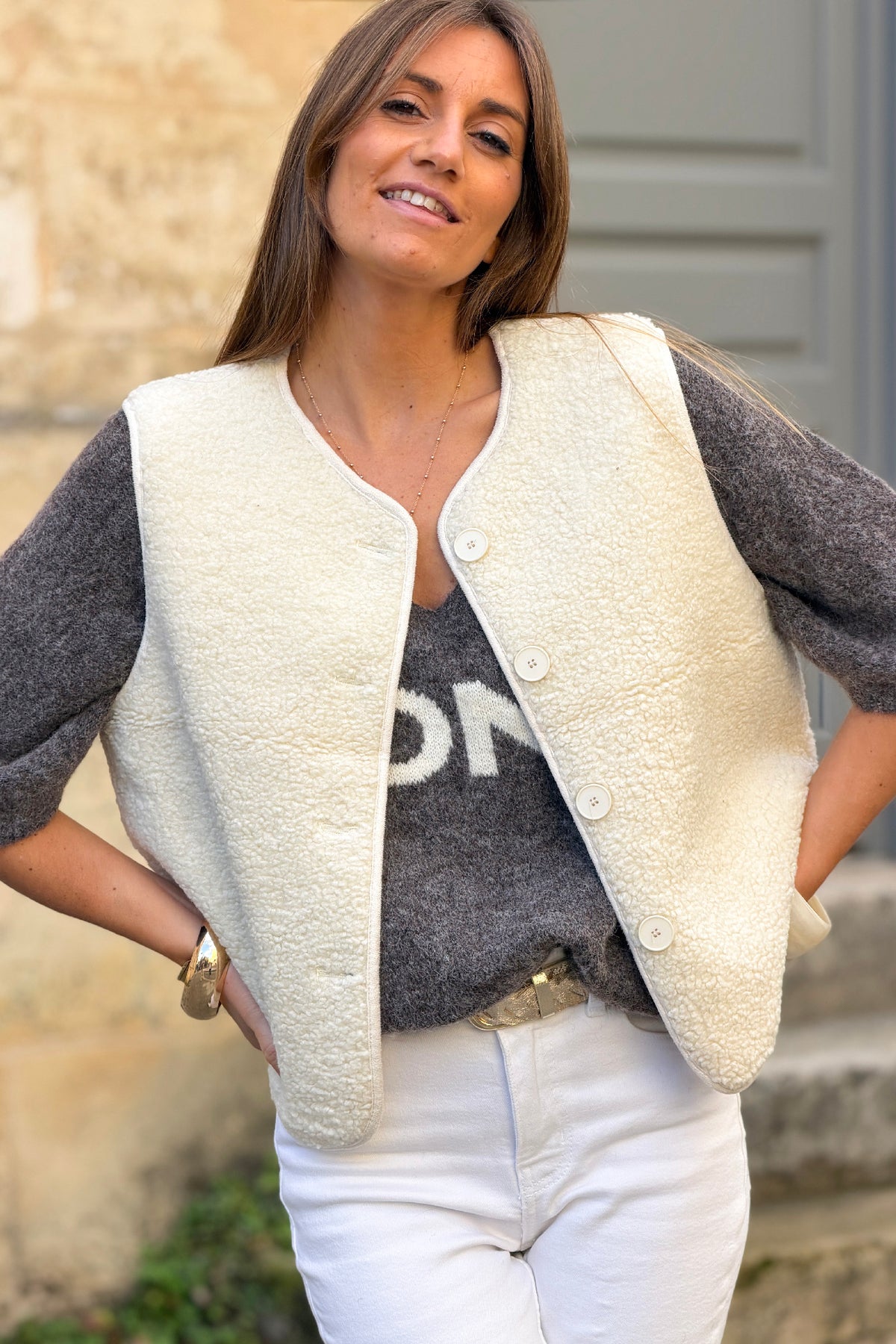 Cream Sherpa Button-Down Vest