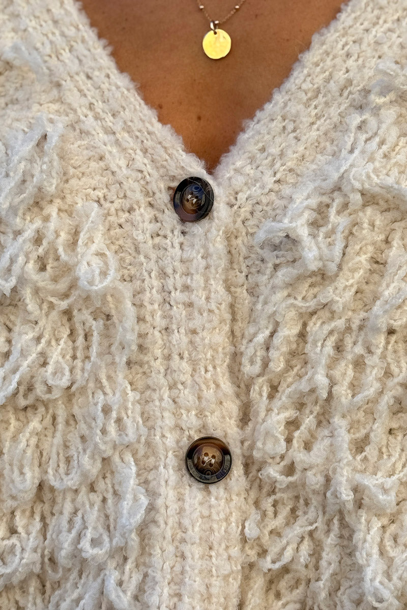 Cream Sherpa Fringe Wool Blend Knit Vest
