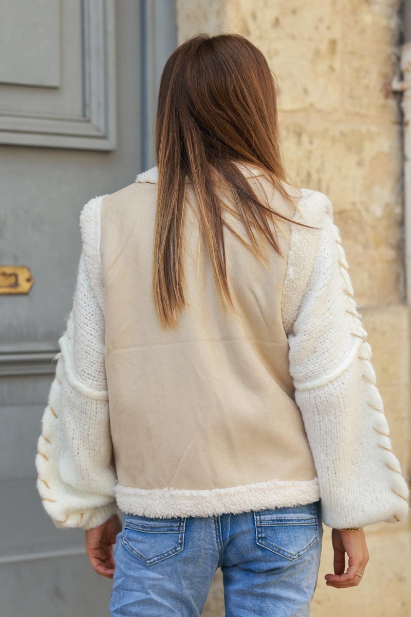 Beige suedette and faux sheepskin gilet with floral embroidery details