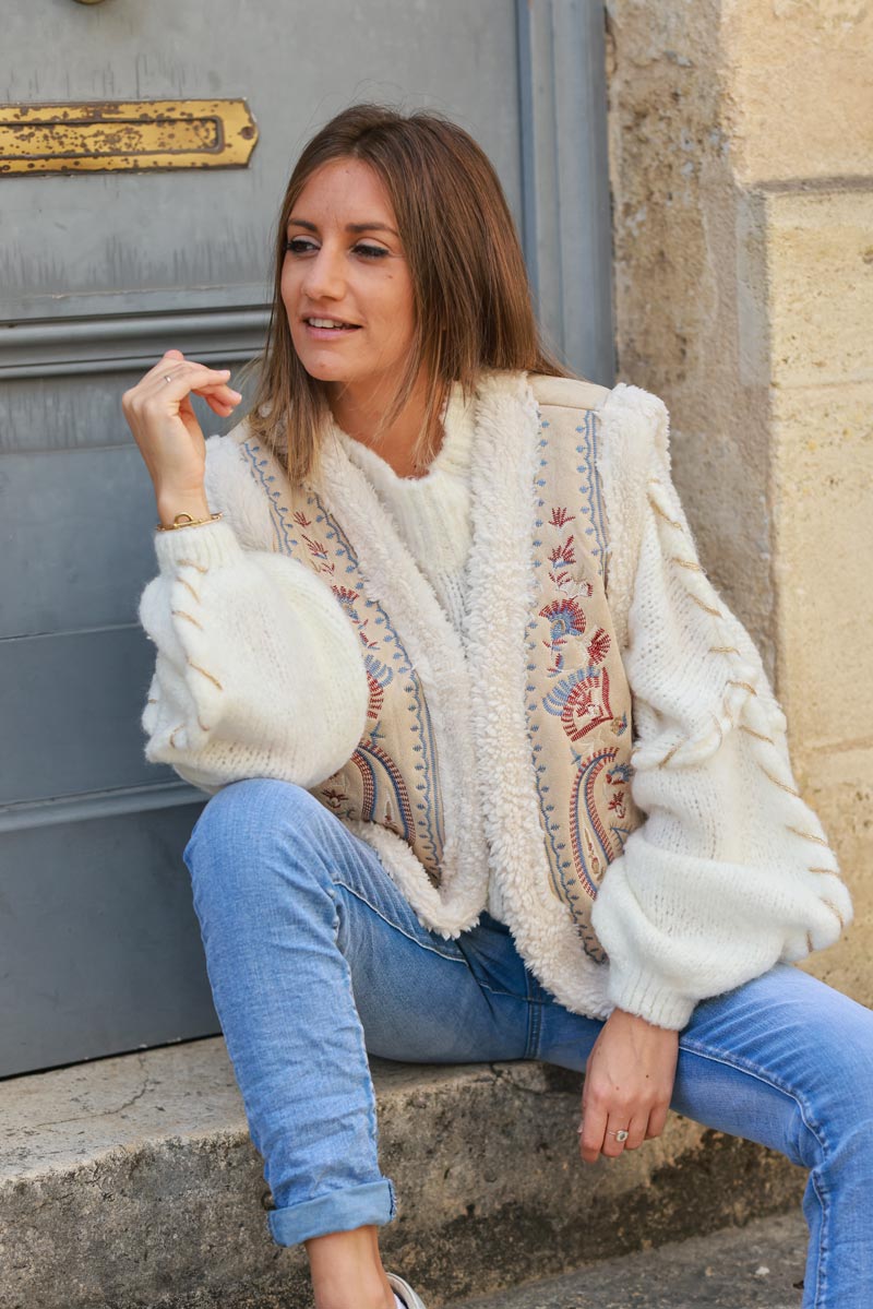 Beige suedette and faux sheepskin gilet with floral embroidery details