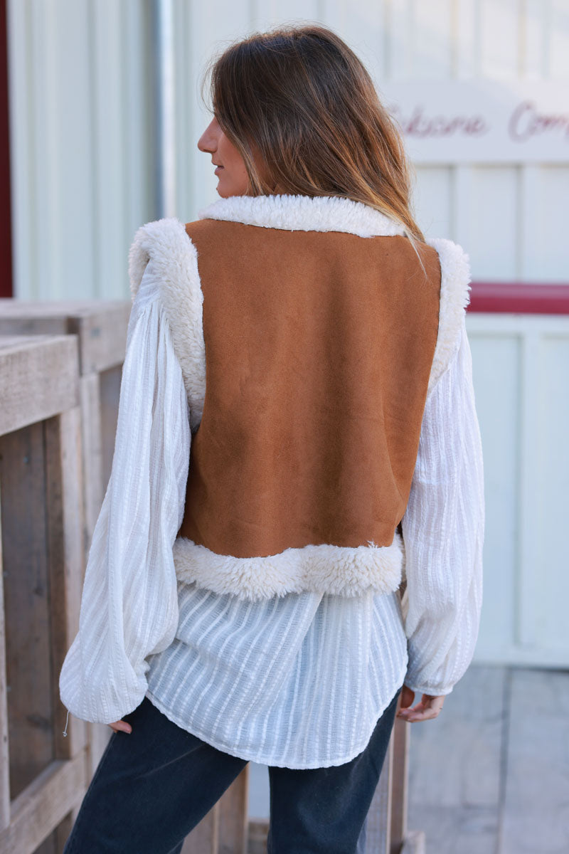 Cream Sherpa and Brown Sueded Vest
