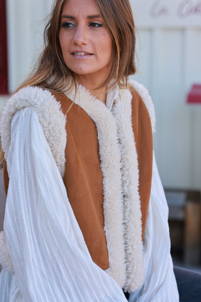 Cream Sherpa and Brown Sueded Vest
