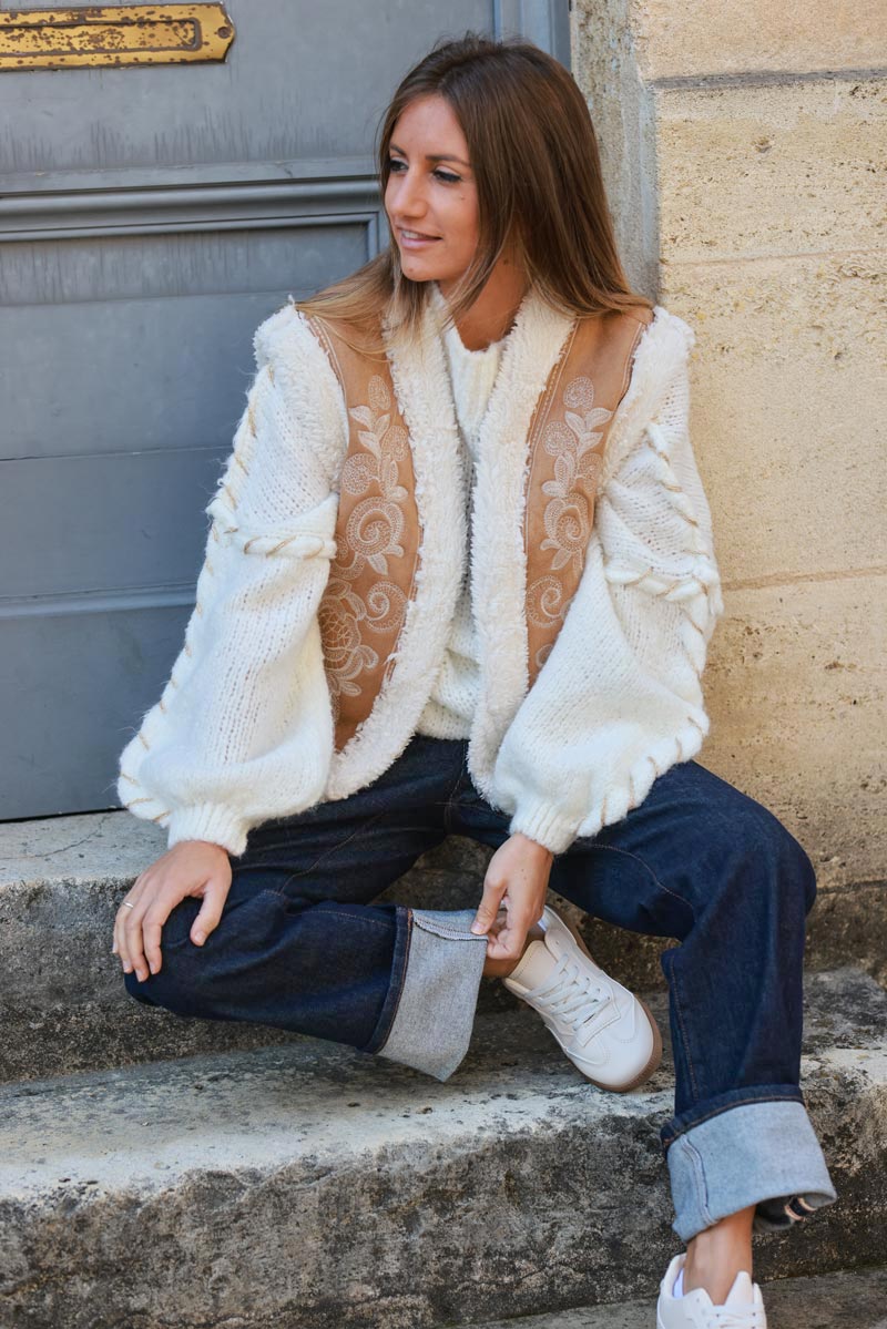 Camel suedette and faux sheepskin gilet with floral embroidery details